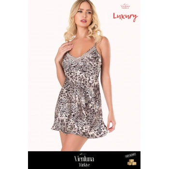 Premium Ürün Özel Seri Şık Lüks Zarif Modern Fantezi Erotik Seksi Rahat Leopar Kısa Saten Gecelik