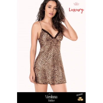 Premium Seri Çok Şık Çekici Lüks Zarif Modern Fantezi Erotik Seksi Rahat Leopar Kısa Saten Gecelik