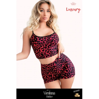 Premium Seri Lüks Zarif Modern Fantezi Erotik Seksi Rahat Kadın Şık Leopar Desenli Şortlu Takım