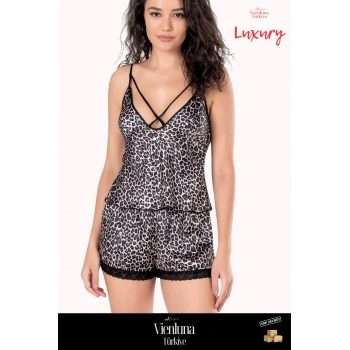 Yeni Sezon Premium Ürün Kadın Şık Lüks Modern Fantezi Seksi Zarif Leopar Saten Babydoll Şort Takımı