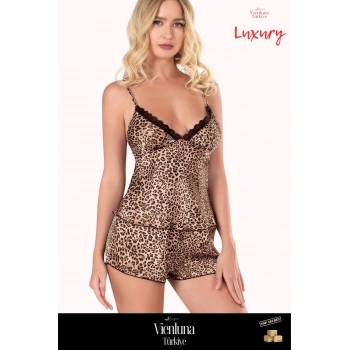 Yeni Sezon Premium Lüks Kadın Fantezi Çok Şık Modern Zarif Leopar Saten Babydoll Şort Takımı