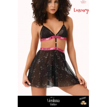 Premium Seri Lüks Zarif Tarz Fantezi Tül Üstüne Baskılı Şık Sütyen Külot Etekli Seksi Yazılı Gecelik