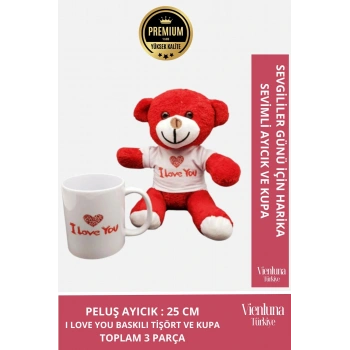 Premium Sevgililer Doğum Günü Özel Kaliteli Romantik I Love You Baskılı Kupa Kırmızı Ayıcık Seti