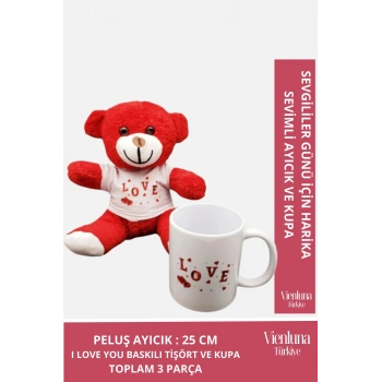 Özel Tasarım Sevgililer Doğum Günü Özel Kaliteli Romantik Love Baskılı Kupa Kırmızı Ayıcık Seti