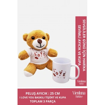 Özel Tasarım Sevgililer Doğum Günü Özel Kaliteli Romantik Love Tasarımlı Kahverengi Ayıcık Kupa Seti