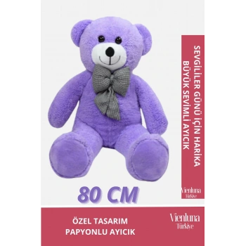 Özel Üretim Sevgililer Doğum Günü Hediye Manita Eş Sevgili Sevimli Papyonlu 80 Cm Mor Büyük Ayıcık