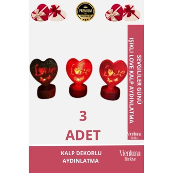 Yüksek Kalite Armağan Masa Yatak Odası Sevgi Aşk Temalı Işıklı Love Kalp 3lü Set Aydınlatma