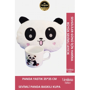 Özel Tasarım Sevgililer Doğum Günü Manita Sevgili Baskılı Kupa Bardak Hediyeli Peluş Panda Yastık