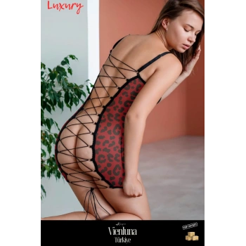 Yeni Sezon Premium Seri Şık Lüks Zarif Modern Seksi Çekici Sırt Dekolteli Transparan Leopar Gecelik