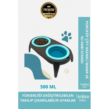 Premium Ayarlanabilir Yükseklik Portatif Çift Hazneli Kedi Köpek Mama Su Kabı Katlanabilir Stand
