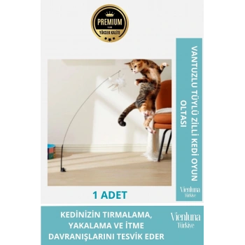 Premium Vantuzlu Tüylü Zilli Kedi Oyun Oltası Eğlenceli İnteraktif Aktivite Oyuncak