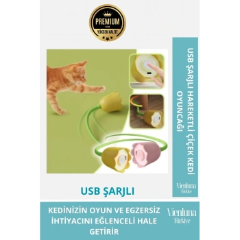 Premium USB Şarjlı Uzun Saplı Hareketli Çiçek Figürlü İnteraktif Kedi Oyuncağı