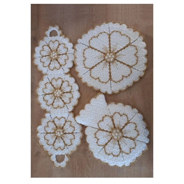 Çeyizlik El Örgüsü 3lü Lif Seti Kalpli Gold Simli Beyaz