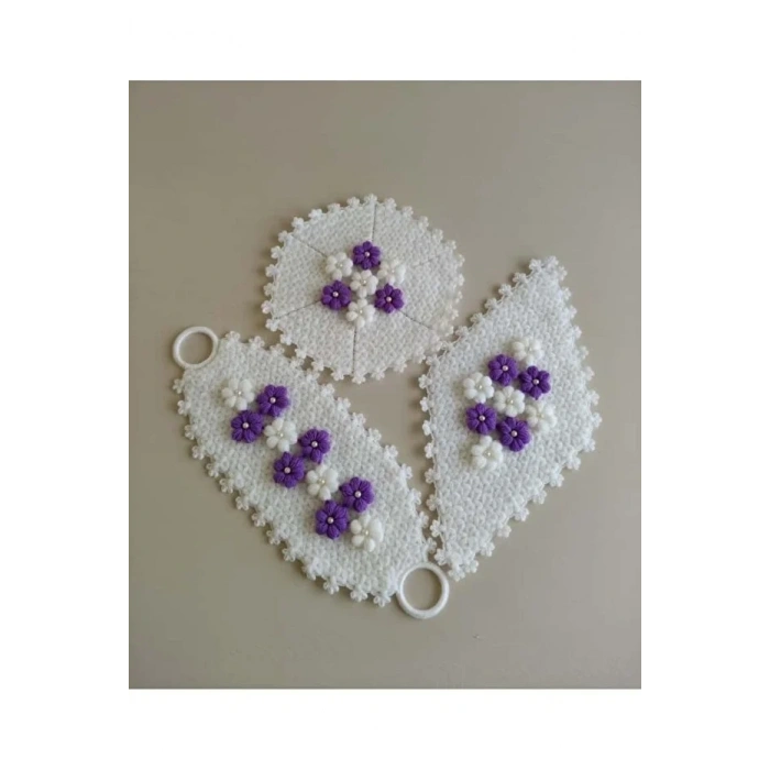 Çeyizlik Eflatun Puf Çiçekli 3lü Lif Seti