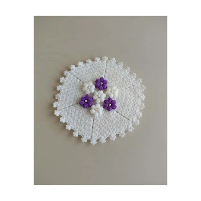 Çeyizlik Eflatun Puf Çiçekli 3lü Lif Seti