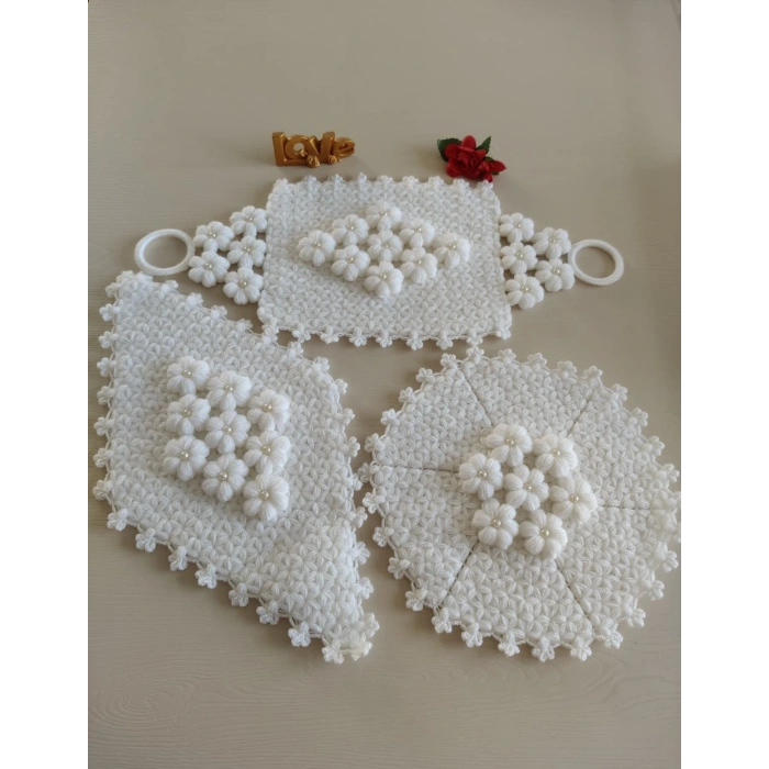 Çeyizlik Beyaz Puf Çiçekli 3lü Lİf Seti