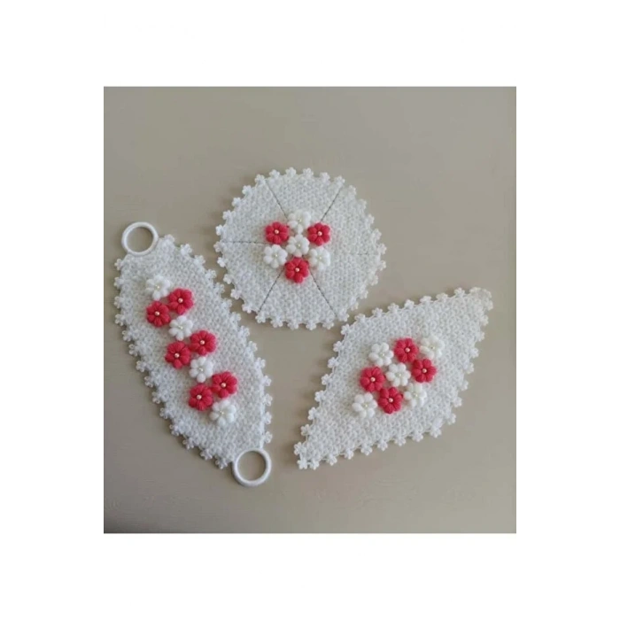 Çeyizlik Pembe Puf Çiçekli 3lü Lif Seti