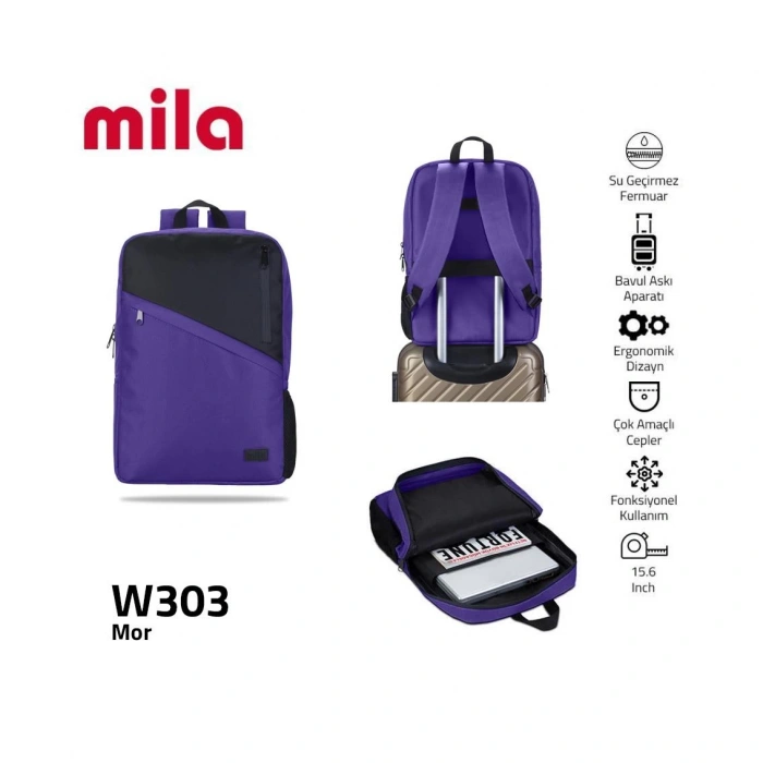Classone 15,60 inch Uyumlu W300- Mila serisi  Lenovo,Hp,Asus,Monster,Macbook,Mac Air Uyumlu  Laptop , Notebook Sırt Çantası  - Mor