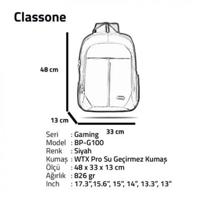 Classone BP-G100 WTXpro Su Geçirmez Kumaş Gaming XL Serisi Sırt Çantası