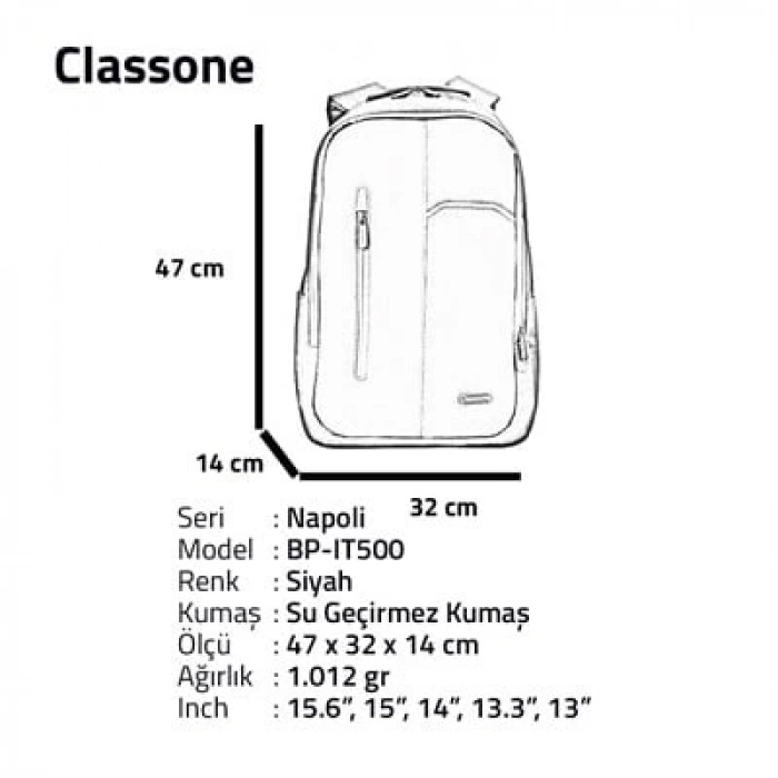 Classone BP-IT500 Napoli Serisi 15.6  uyumlu Sırt Çantası