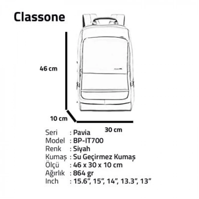 Classone BP-IT700 WTXpro Su Geçirmez Kumaş  Pavia 15.6 Laptop, Notebook Sırt Çantası-Siyah