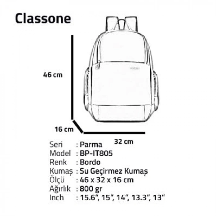 Classone BP-IT805 Parma Serisi WTXpro Su Geçirmez Kumaş  15.6  Notebook Sırt Çantası-Bordo