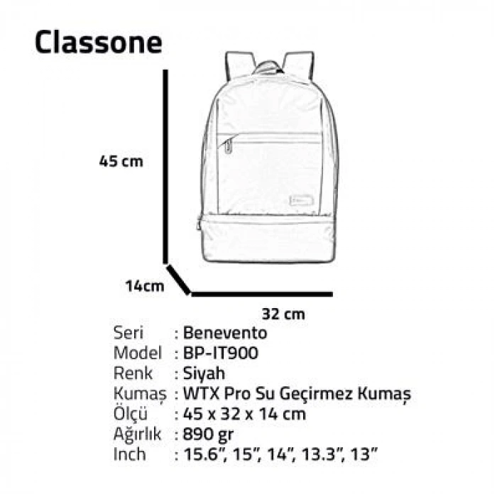Classone BP-IT900 Benevento Serisi 15.6WTXpro Su Geçirmez Kumaş, Su Geçirmez Fermuar  Notebook Sırt Çantası-Siyah