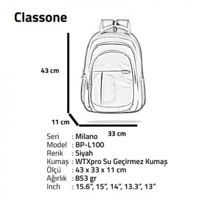 Classone BP-L100 WTXpro Su Geçirmez Kumaş Milano Serisi 15.6 inch  Large Sırt Çantası - Siyah