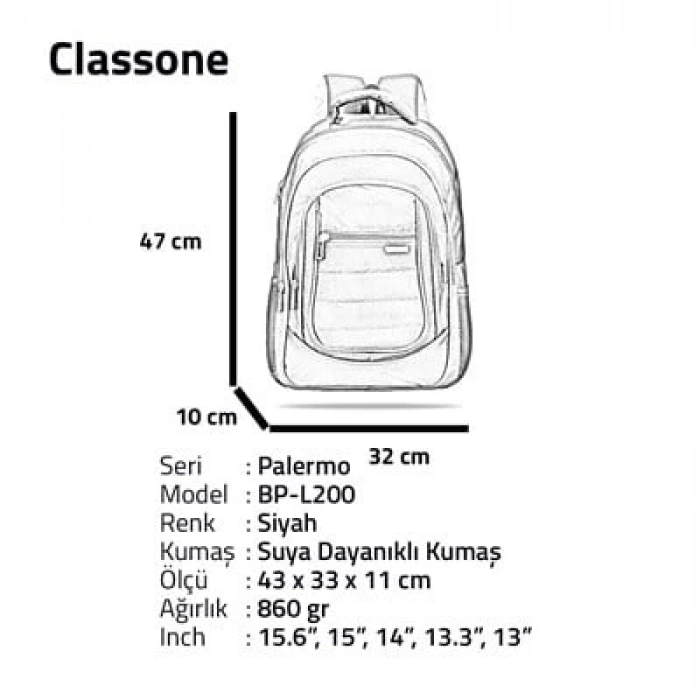 Classone BP-L200 WTXpro Su Geçirmez Kumaş Palermo Serisi 15.6 inch Large Sırt Çantası