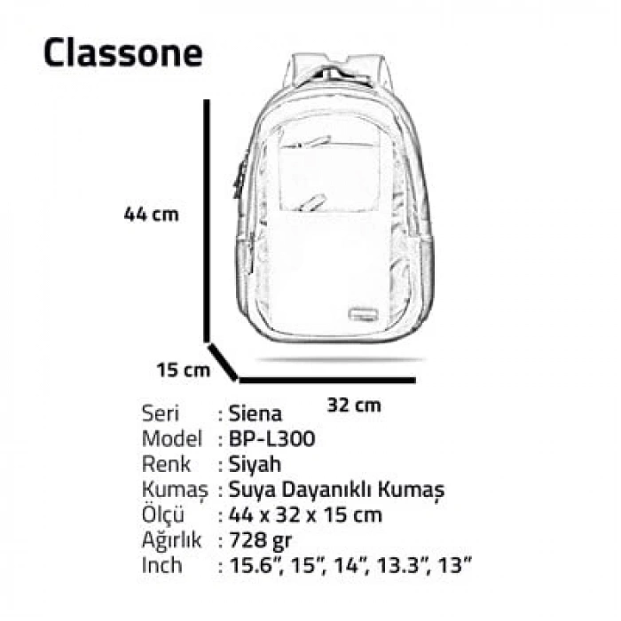 Classone BP-L300 WTXpro Su Geçirmez Kumaş Siena Serisi 15.6 inch Large Sırt Çantası