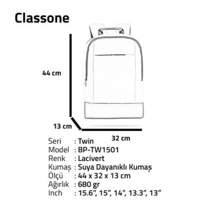 Classone BP-TW1501 Twin Color 15.6 inch Notebook Sırt Çantası-Mavi