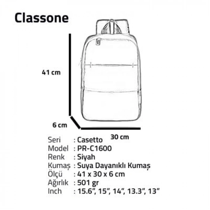 Classone Casetto PR-C1600 WTXpro Su Geçirmez Kumaş 15.6 Notebook Sırt Çantası-Siyah