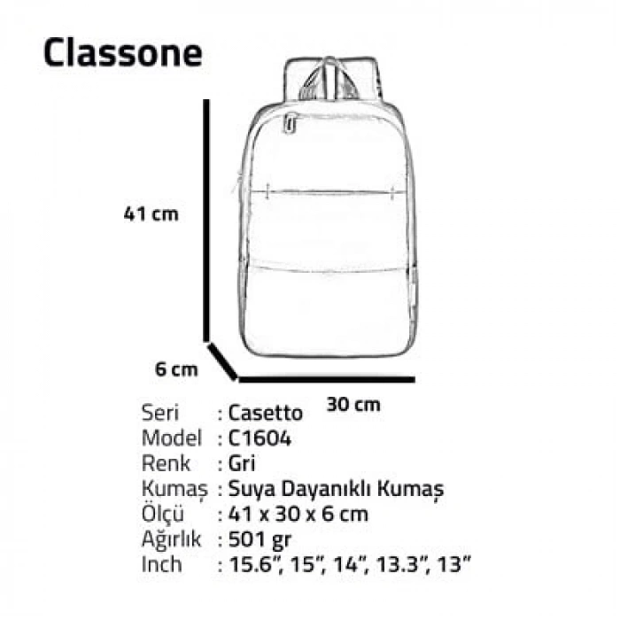 Classone Casetto PR-C1604 15.6 WTXpro Su Geçirmez Kumaş  Notebook Sırt Çantası-Gri