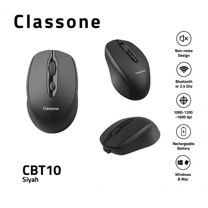 Classone CBT10 Bluetooth + 2.4 Ghz Şarj Edilebilir Kablosuz Mouse-Siyah
