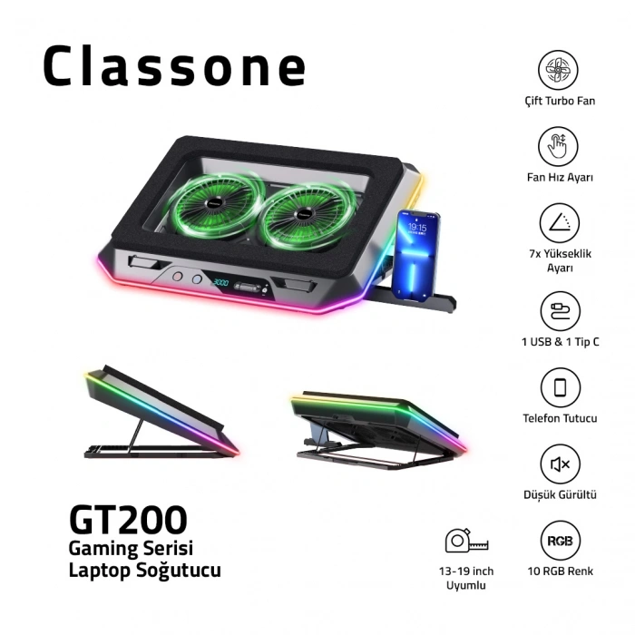 Classone GT200 2 Fanlı RGB 15.6-17 Laptop Soğutucu