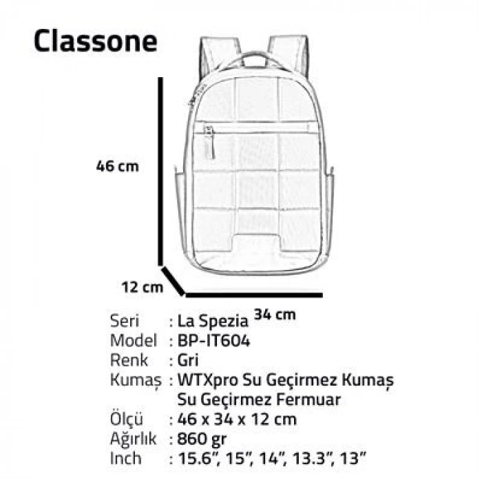 Classone La Spezia Serisi BP-IT604 15.6 inch WTXpro Su Geçirmeaz kumaş, Su Geçirmez Fermuar, Laptop Sırt Çantası –Gri