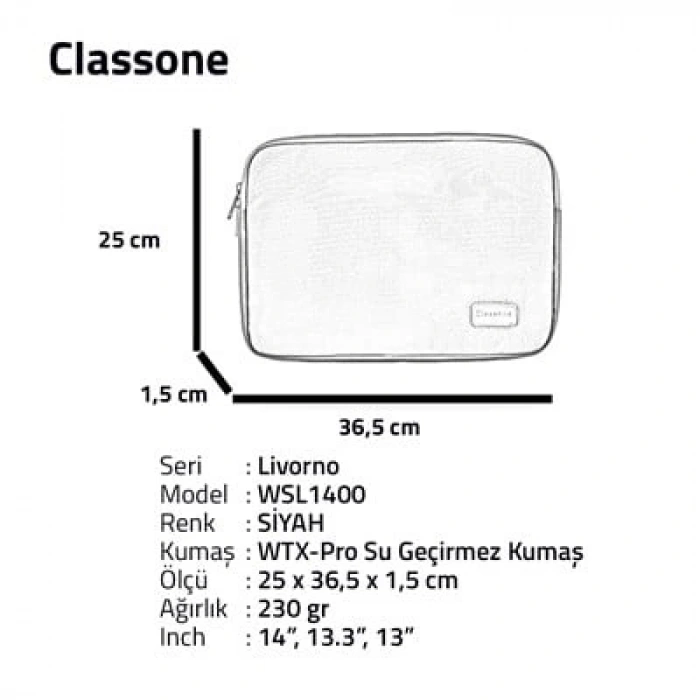 Classone Livorno Serisi WSL1400 13-14 inch uyumlu WTXpro Su Geçirmez Kumaş Macbook ,Tablet Kılıfı -Siyah