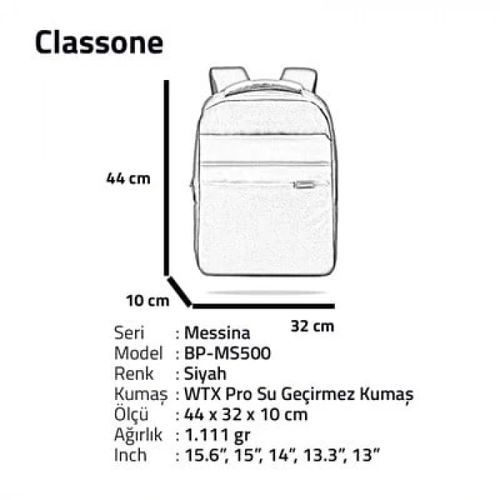 Classone Messina WTXpro Su Geçirmez Kumaş  15.6 inch BP-MS500  Sırt Çantası -Siyah