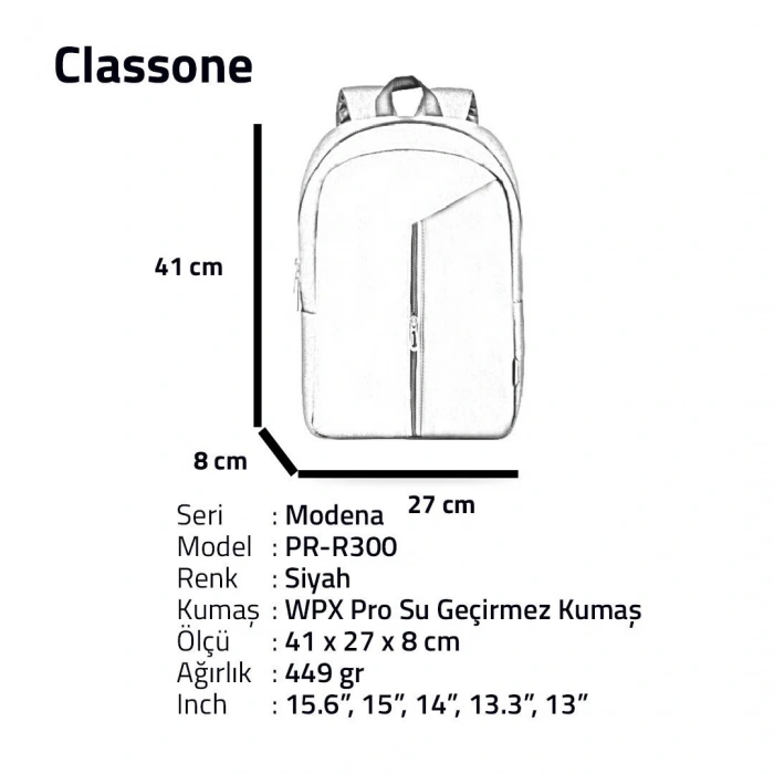 Classone Modena  15.6 Sırt Notebook Çantası-Siyah