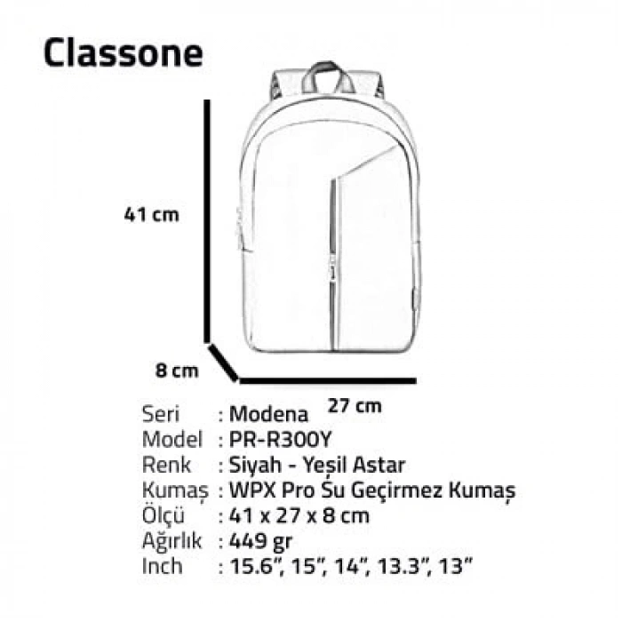 Classone Modena Serisi PR-R300Y 15.6 İnç Notebook Sırt Çantası-Siyah-Yeşil Astar