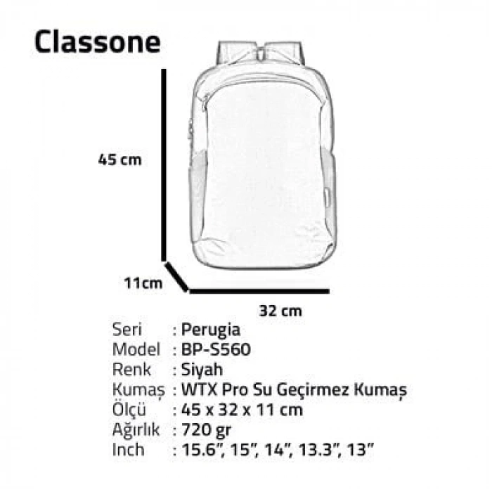 Classone Perugia  Serisi BP-S560 WTXpro Su Geçirmez Kumaş 15.6 inch WTXpro Notebook Sırt Çantası –Siyah