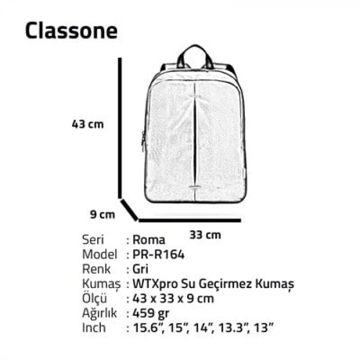 Classone PR-R164 Roma Large Serisi Notebook 15,6 inch Sırt Çantası / Gri