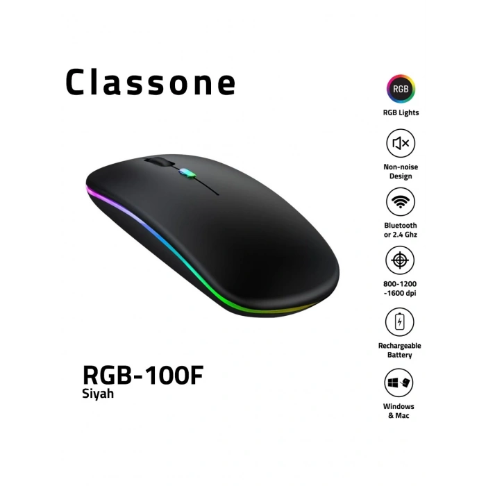 Classone RGB-100F Rgb Işıklı, Efektli, Silent-Sessiz,rf Kablosuz, Bluetooth Mouse - Siyah