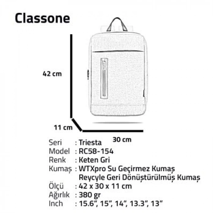 Classone Triesta Serisi, RC58-154 Recycled kumaş , 15.6 inch Uyumlu Macbook, Laptop , Notebook Sırt Çantası- Keten Gri
