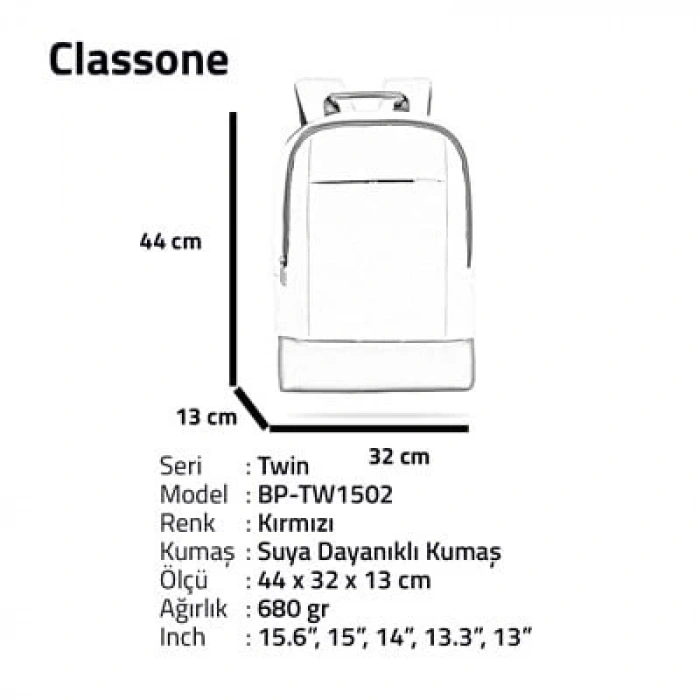Classone TW1502 Twin Color 15.6 Sırt Notebook Sırt Çantası-Kırmızı