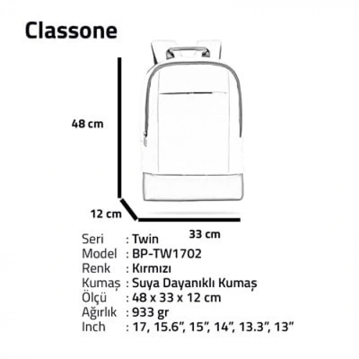 Classone TW1702 Twin Color 17 inch Notebook Sırt Çantası-Kırmızı