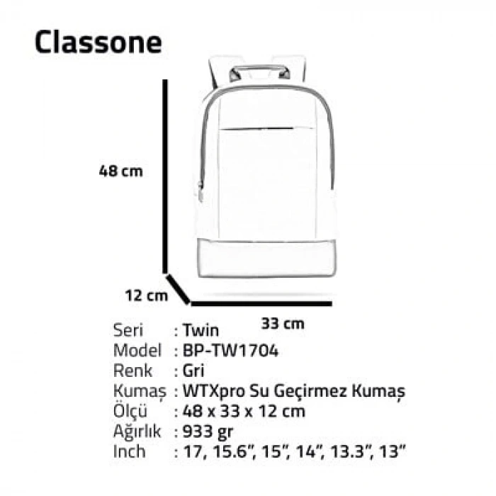 Classone TW1704 WTXpro Su Geçirmez Kumaş Twin Color 17 inch Notebook Sırt Çantası-Gri