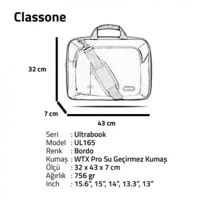 Classone UL165 WTXpro Su Geçirmez Kumaş Ultrabook Serisi 13.3 - 15,6 inch uyumlu Notebook El Çantası- Bordo