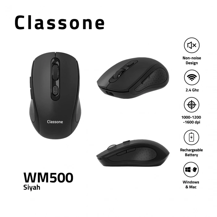 Classone WM500 2.4 Ghz Şarj Edilebilir Kablosuz Mouse -Siyah