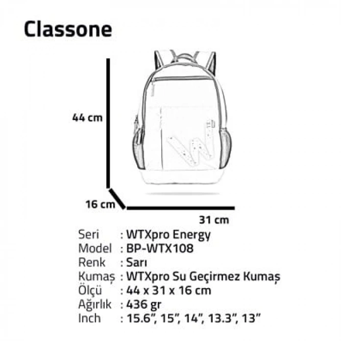 Classone WTXpro Energy Serisi BP-WTX108 15.6 inch Uyumlu Macbook, Laptop , Notebook Sırt Çantası- Sarı